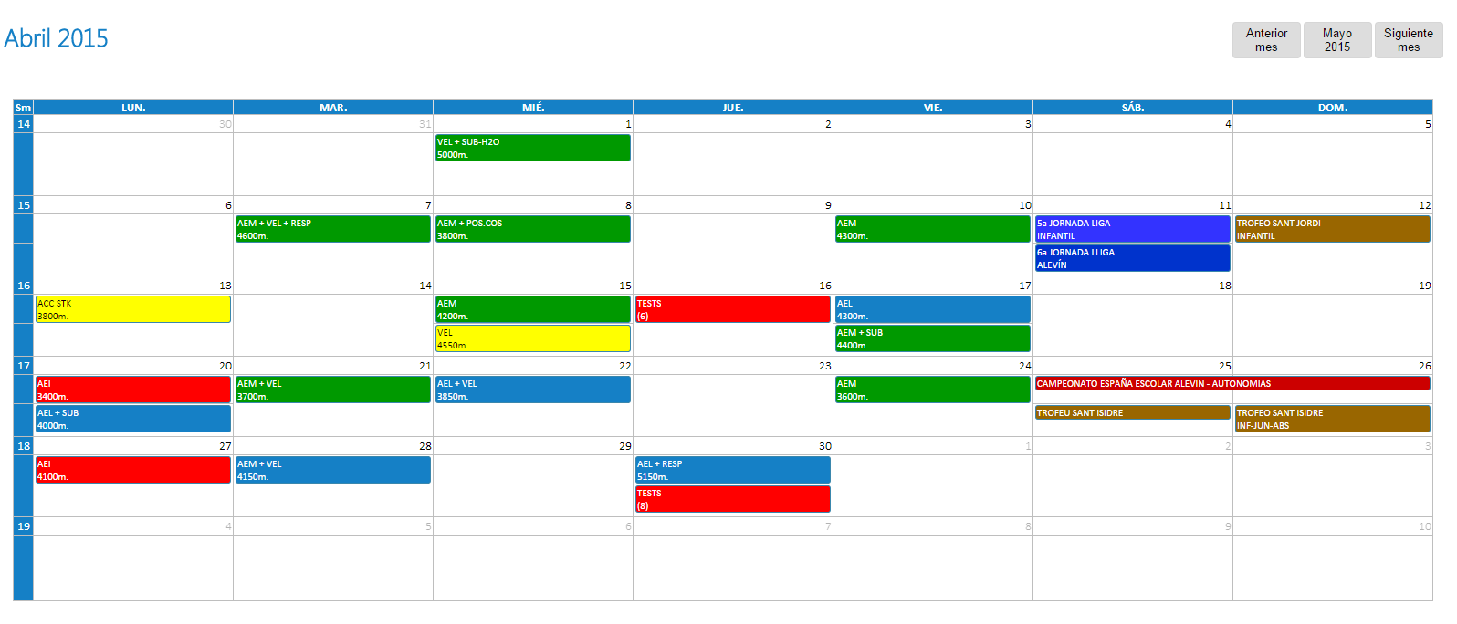 exemple de calendari de campionats, sessions i tests